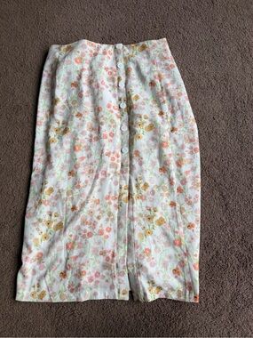 Floral Button-Front Skirt in Pastel Peach, Pink, Yellow, Tan and Green